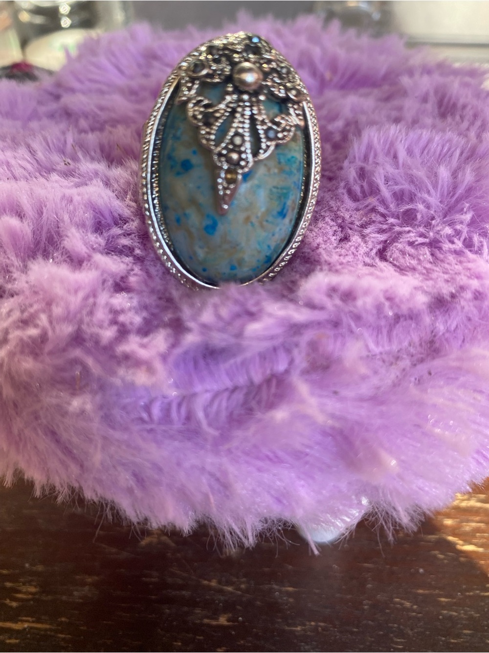 Vintage-Inspired Blue Stone Silver Filigree Statement Ring